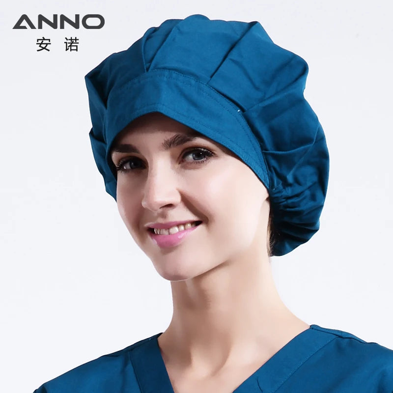ANNO Solid Color Scrubs Caps Women Hospital Doctor Nurse Work Hats Bouffant Nursing Cap with Sweatband Long Hair Head Dress 01A-A11