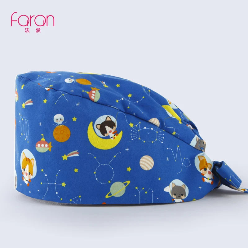 Faran Cotton Scrub Caps Women Men Dentist Hospital Doctor Work Surgical Hats Nursing Head Dress for Men Animal Carton Print FRH01-X076