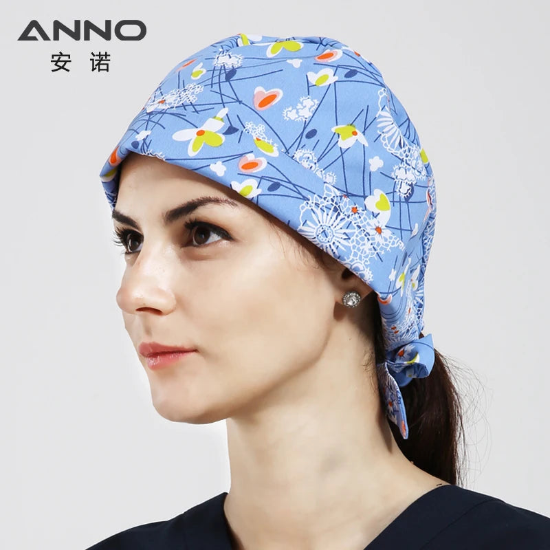 ANNO Cotton Scrub Caps Women Hospital Doctor Nurse Work Hats Nursing Cap Short or Long Hair Head Wear Animal Carton Print 01B-B29