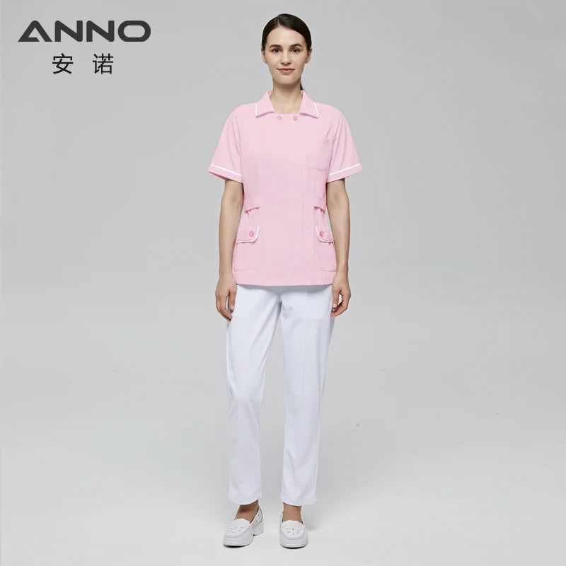 ANNO Pink White Nurse Uniform Set Antibacterial Anti-static Nursing Tunic Slim Fi Caregiver Coveralls Hospital Staff Suits Pink-Set