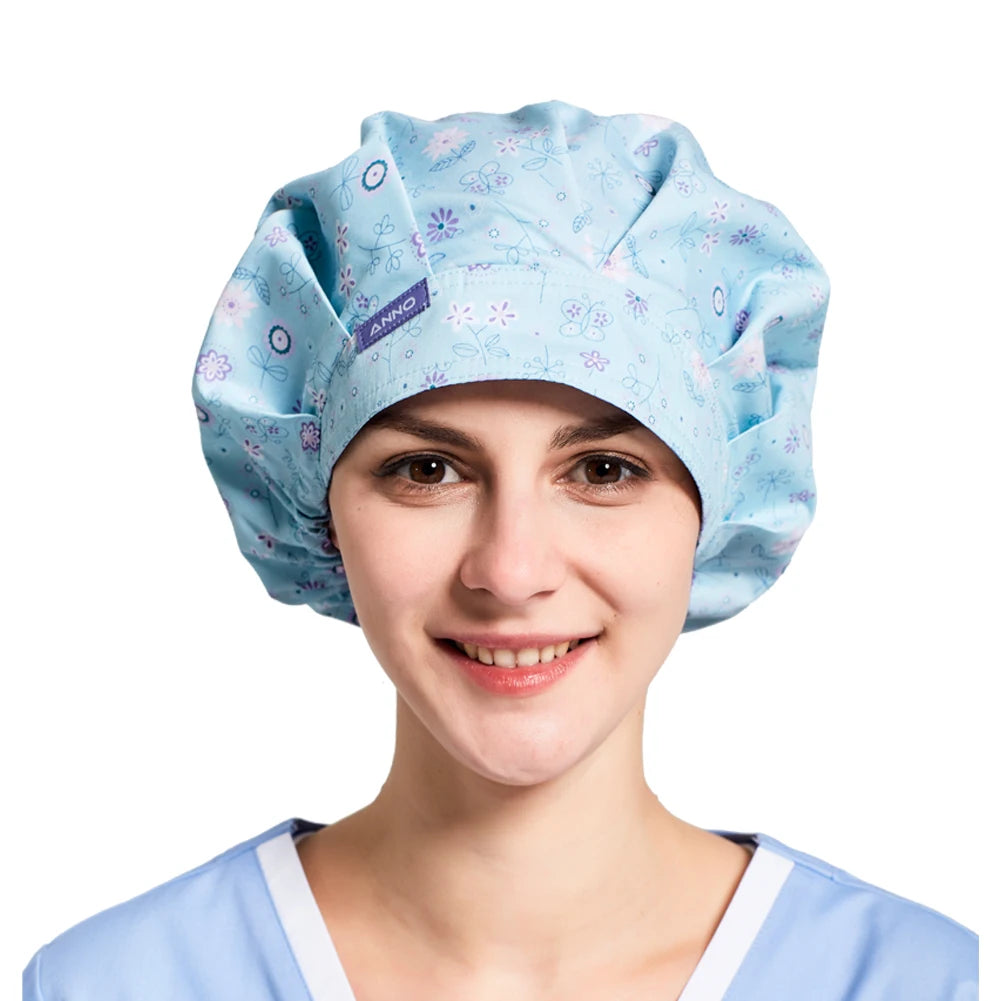ANNO Cotton Caps Women Hospital Doctor Nurse Work Hats Bouffant Nursing Cap with Sweatband Long Hair Head Wear Chlorine Bleach 01A-B38