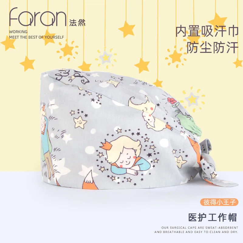 Faran Cotton Scrub Caps Women Men Dentist Hospital Doctor Work Surgical Hats Nursing Head Dress for Men Animal Carton Print FRH01-X092