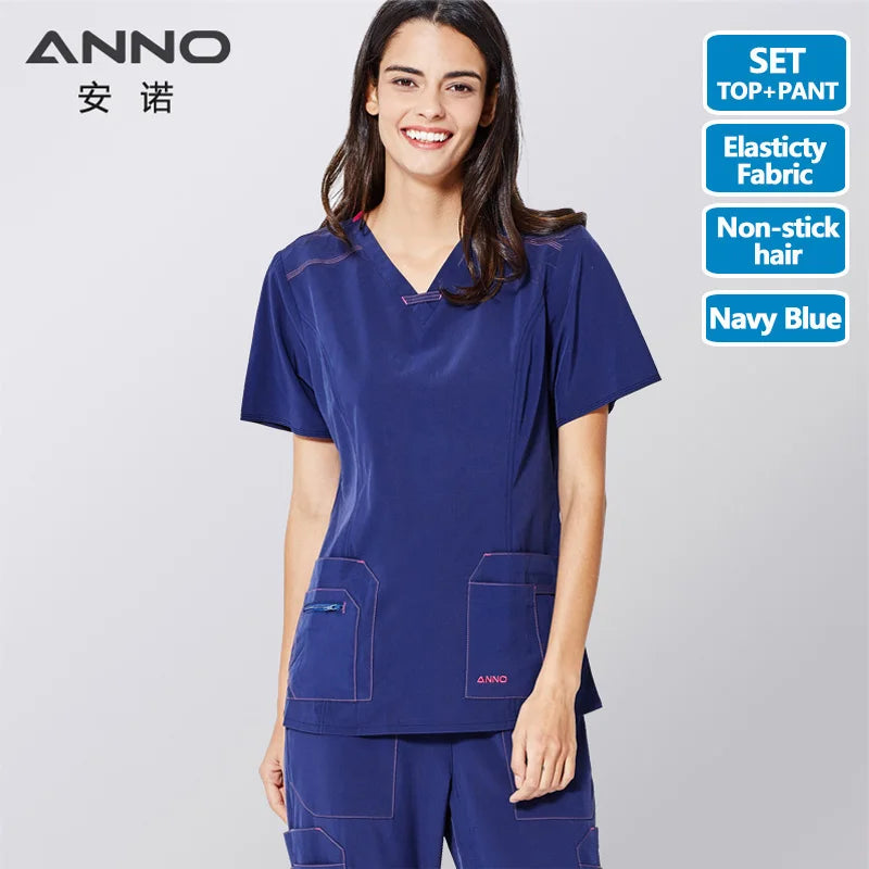 ANNO Non-stick Hair Scrubs Set Elasticity Nurse Uniform Slim fit Nursing Dress Pet Hospital Staff Cloths Veterinary Work Wear K03-Deep Blue-Set