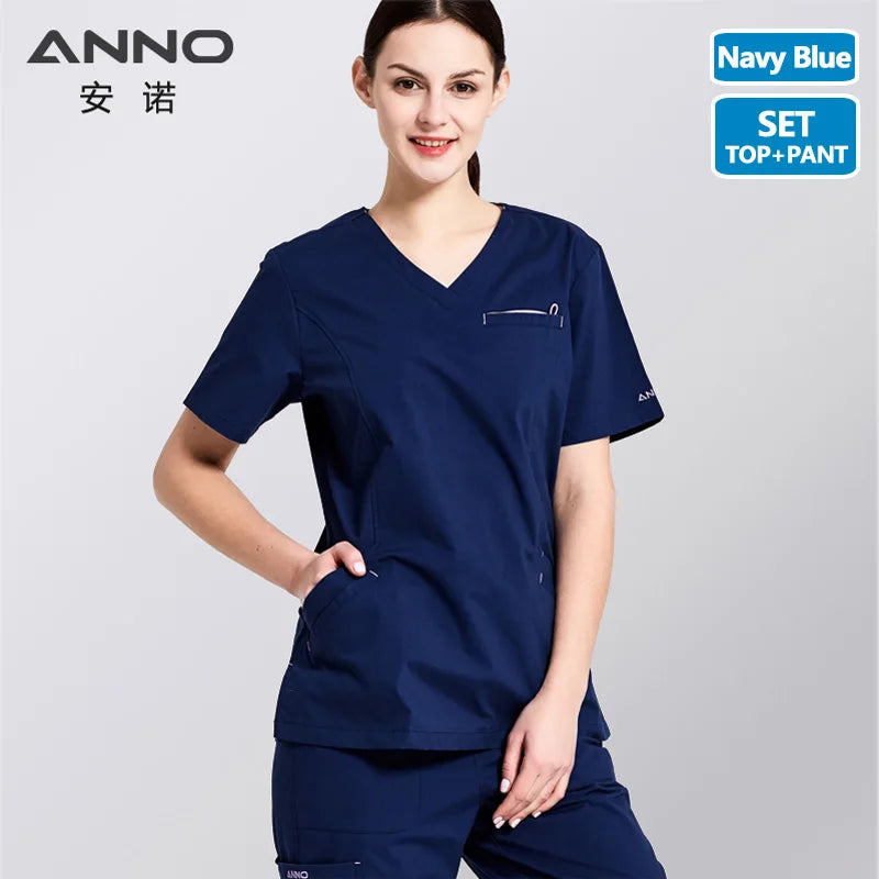ANNO Cotton Scrubs Set Body Elasticity Nurse Uniform with Spandex Slim fit Fashion Nursing Dress Beauty Salon Work Wear T02-Navy Blue-Set