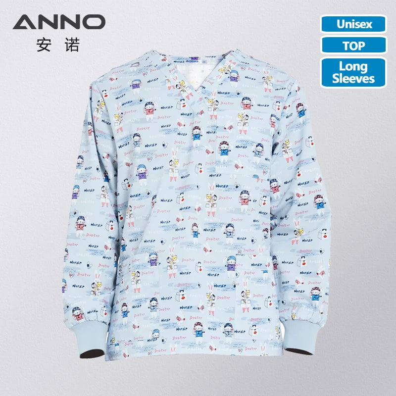ANNO Hospital Autumn Winter Scrubs Tops Trousers Sets Optiona Long Sleeves Nursing Uniform Dental Clinic Supplies Nurse Clothing XiaoTuYiSheng-L-Top