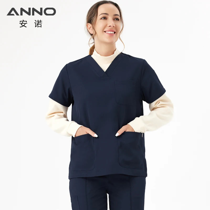 Unisex Medical Scrubs Set New Heat Preservation Thermostatic Fabric Nursing Robe Suit for Winter Paramedic Coveralls Uniforms Navy Blue-Short