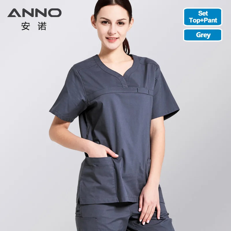 ANNO Nursing Uniforms Elastic Spandex Clinics Suit Female Male Scrubs Hospital Clothing Breathable Cloth Heathy Beauty Wear T03-Grey-Set