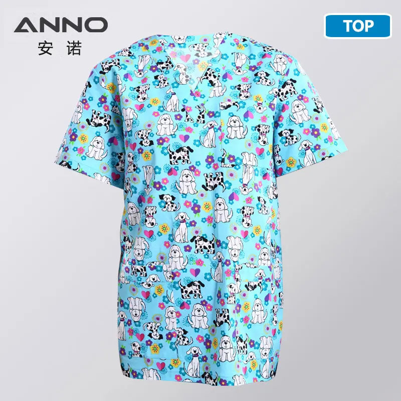 ANNO Hospital Staff Scrubs Top Medical Sanitary Nursing Uniform Dental Clinic Print Beauty Caregiver Coveralls B02