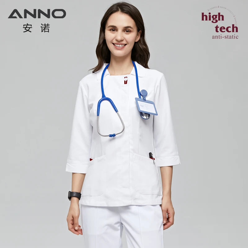 ANNO White Scrubs Set Antibacterial Anti-static with 1% Conductive Nursing Nurse Suit Hospital Dress Clothes Paramedic Uniforms A05-Red-Set
