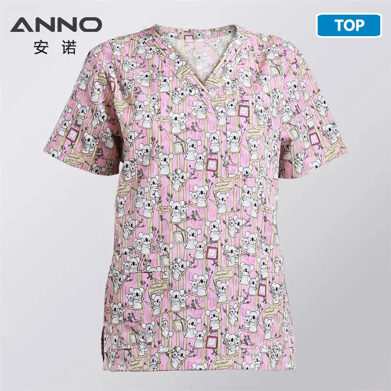 ANNO Hospital Staff Scrubs Top Medical Sanitary Nursing Uniform Dental Clinic Print Beauty Caregiver Coveralls B26