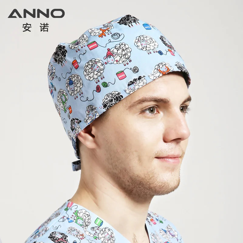 ANNO Disposable Cotton Caps Women Man Hat Clinic Hospital Doctor Nurse Work Hat Bouffant Printing Nursing Cap with Sweatband 01C-B28
