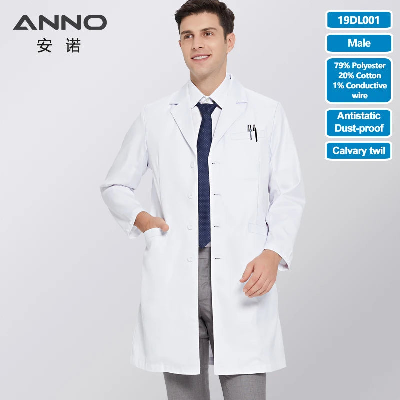 White Doctor Coats 99%Polyester 1%Conductive wire Antibacterial Anti-static Lab Uniforms Hospital Pharmacy Chemistry Gown 19DL001-Male