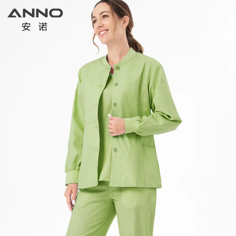 ANNO Long Sleeves Scrubs Jacket Outfit Nurse Unifrom Out Coat Doctor Shirt Out Wear Women Men Nursing Top Hospital Clothing A2-Light Green