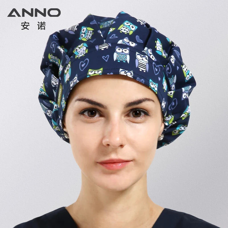 ANNO Cotton Caps Women Hospital Doctor Nurse Work Hats Bouffant Nursing Cap with Sweatband Long Hair Head Wear Chlorine Bleach 01A-B30