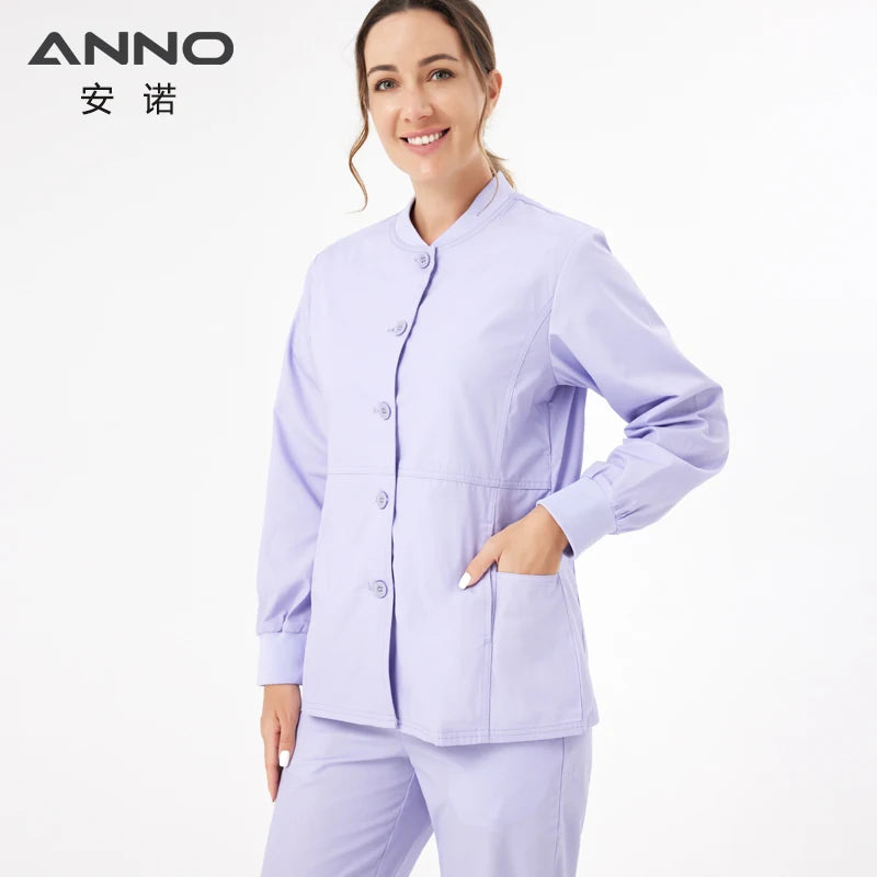 ANNO Long Sleeves Scrubs Jacket Outfit Nurse Unifrom Out Coat Doctor Shirt Out Wear Women Men Nursing Top Hospital Clothing A1-Light Purple