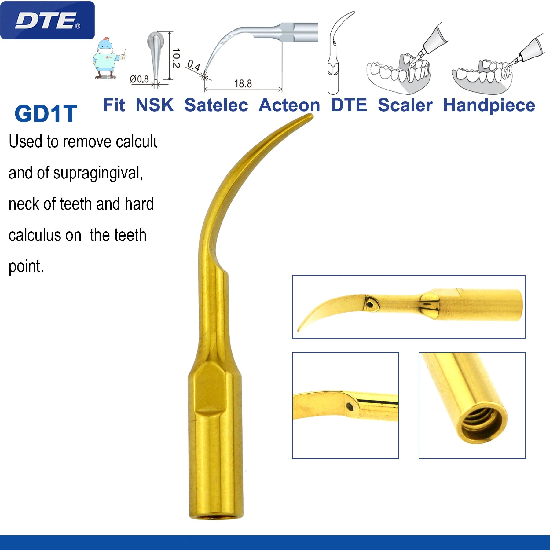 Original Woodpecker DTE Dental Scaler Tips Ultrasonic Scaling Tip G1-G8 GD1-GD8 For teeth cleaning Fit EMS NSK Satelec Acteon GD1T-1pc
