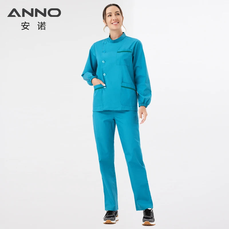 ANNO Standing Collar Paramedic Dental Coveralls Long Sleeves Medical Scrubs Set Nurse Tunic Hospital Nursing Staff Uniforms Cyan-Set