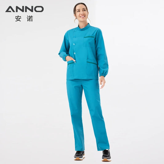 ANNO Standing Collar Paramedic Dental Coveralls Long Sleeves Medical Scrubs Set Nurse Tunic Hospital Nursing Staff Uniforms Cyan-Set