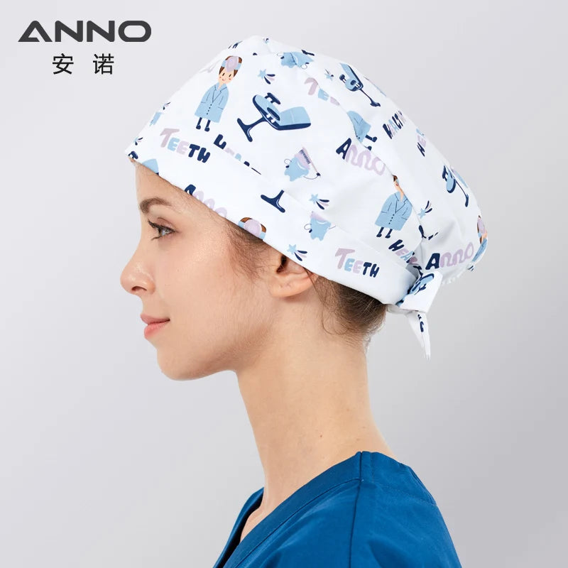 ANNO Cotton Scrub Caps Women Hospital Doctor Nurse Work Hats Nursing Cap Short or Long Hair Head Wear Animal Carton Print 01B-B106