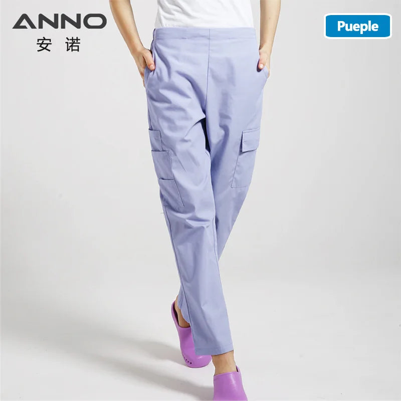 ANNO Multi function Nurse Uniform Bottoms Cotton More Pockets Work Trouser Dental SPA Nursing Scrub Pants A01-Light Purple