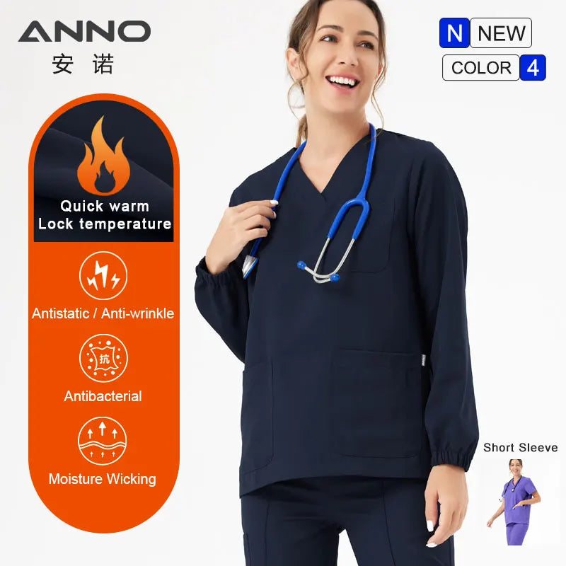 Unisex Medical Scrubs Set New Heat Preservation Thermostatic Fabric Nursing Robe Suit for Winter Paramedic Coveralls Uniforms