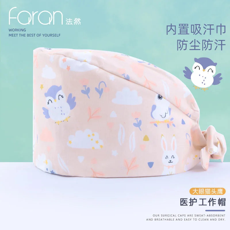 Faran Cotton Scrub Caps Women Men Dentist Hospital Doctor Work Surgical Hats Nursing Head Dress for Men Animal Carton Print FRH01-X086