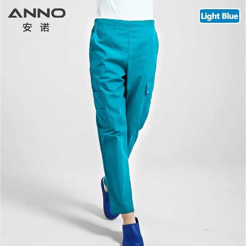 ANNO Multi function Nurse Uniform Bottoms Cotton More Pockets Work Trouser Dental SPA Nursing Scrub Pants A03-Cyan