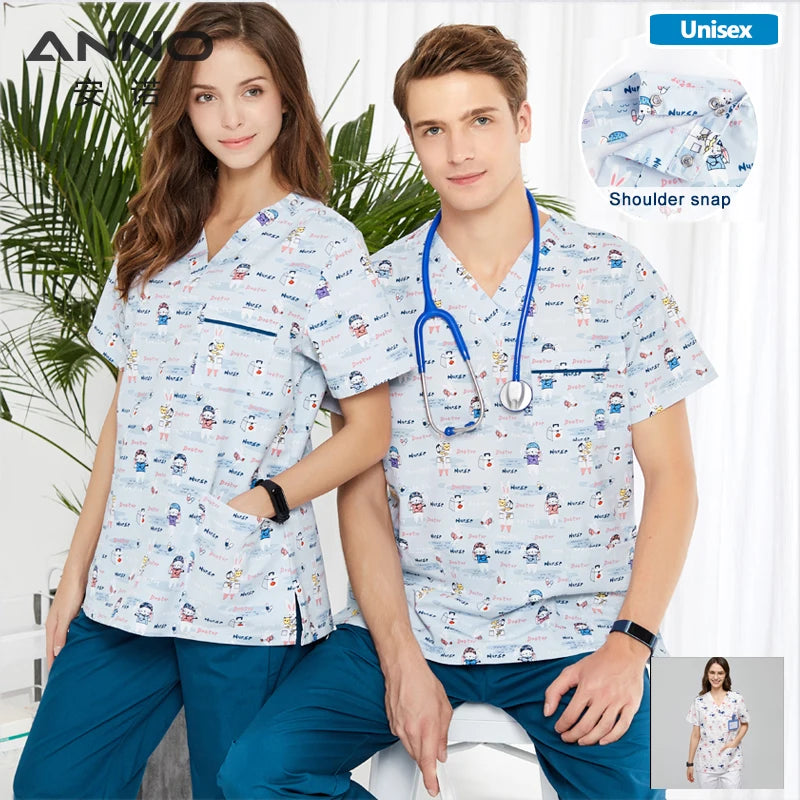 ANNO Hospital Medical Scrubs Set Nursing Uniform for Uisex Dental Clinic Nurse Scrubs SPA Uniforms with Short or Long Sleeves