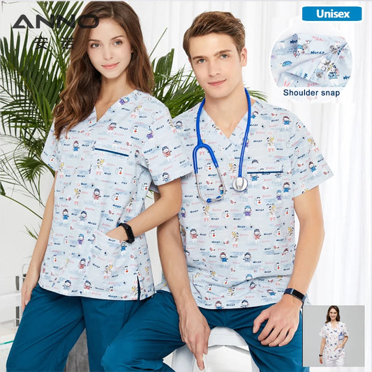 ANNO Hospital Medical Scrubs Set Nursing Uniform for Uisex Dental Clinic Nurse Scrubs SPA Uniforms with Short or Long Sleeves